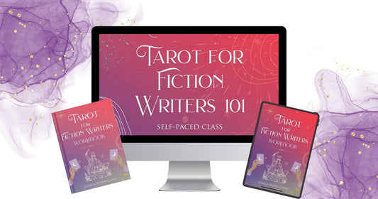 Tarot for Fiction Writers 101 self-paced class shown on a monitor beside the companion workbook in paperback and digital